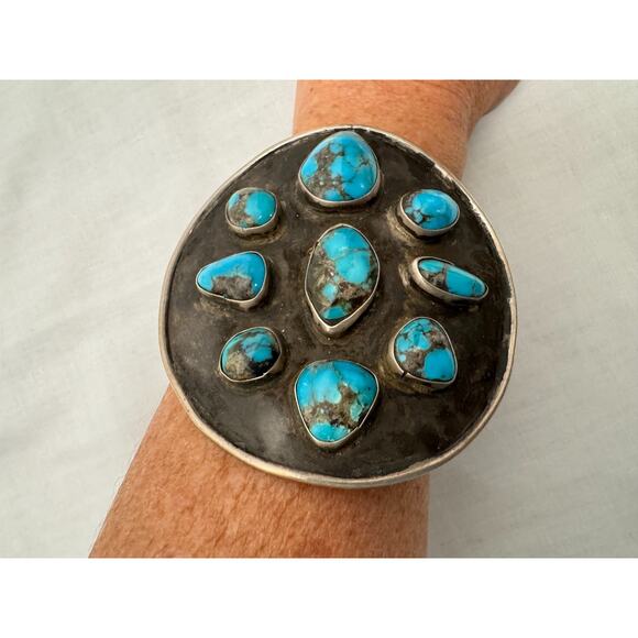 Navajo Villa Grove Turquoise Native American Cuff Bracelet LARGE Silver 60g VTG - Picture 3 of 9